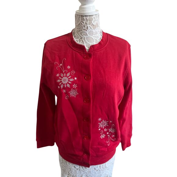 Speculation red button up shirt/jacket with silver snowflakes - women’s size S - Picture 1 of 7